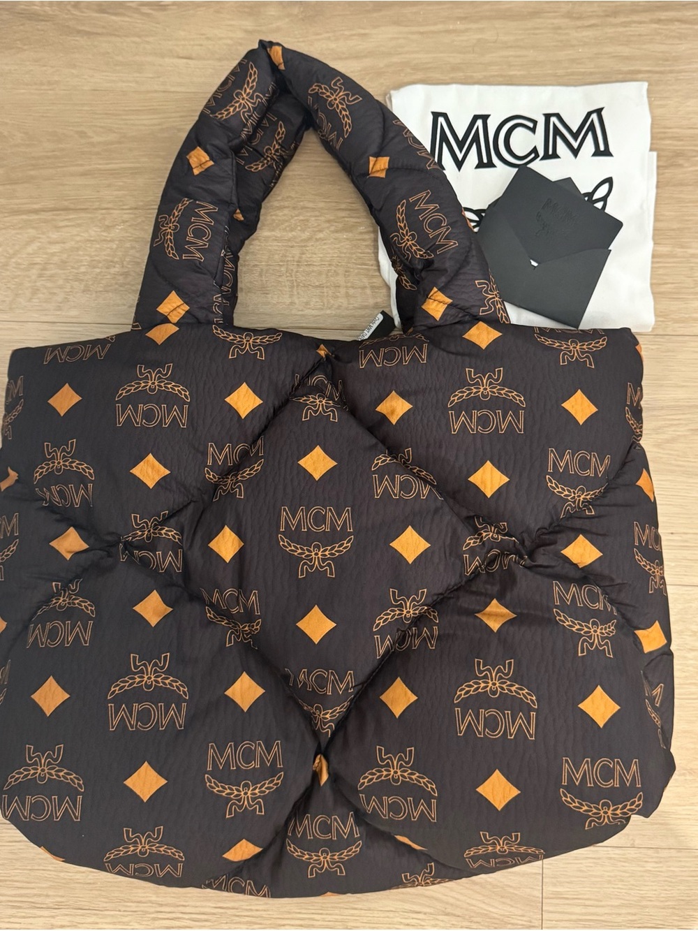 MCM Black & Cognac Logo Quilted Puffer Tote